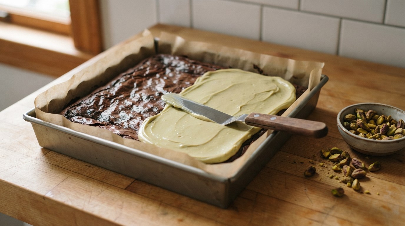 A cooled slab of dark brownie in a parchment-lined pan with pale green pistachio white-chocolate ganache being spread over half of it with an offset spatula, chopped pistachios in a bowl beside it