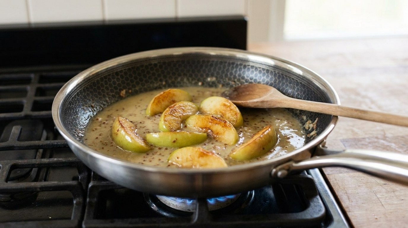 Caramelized Granny Smith apple wedges in a creamy whole-grain mustard pan sauce in the skillet used for the pork chops
