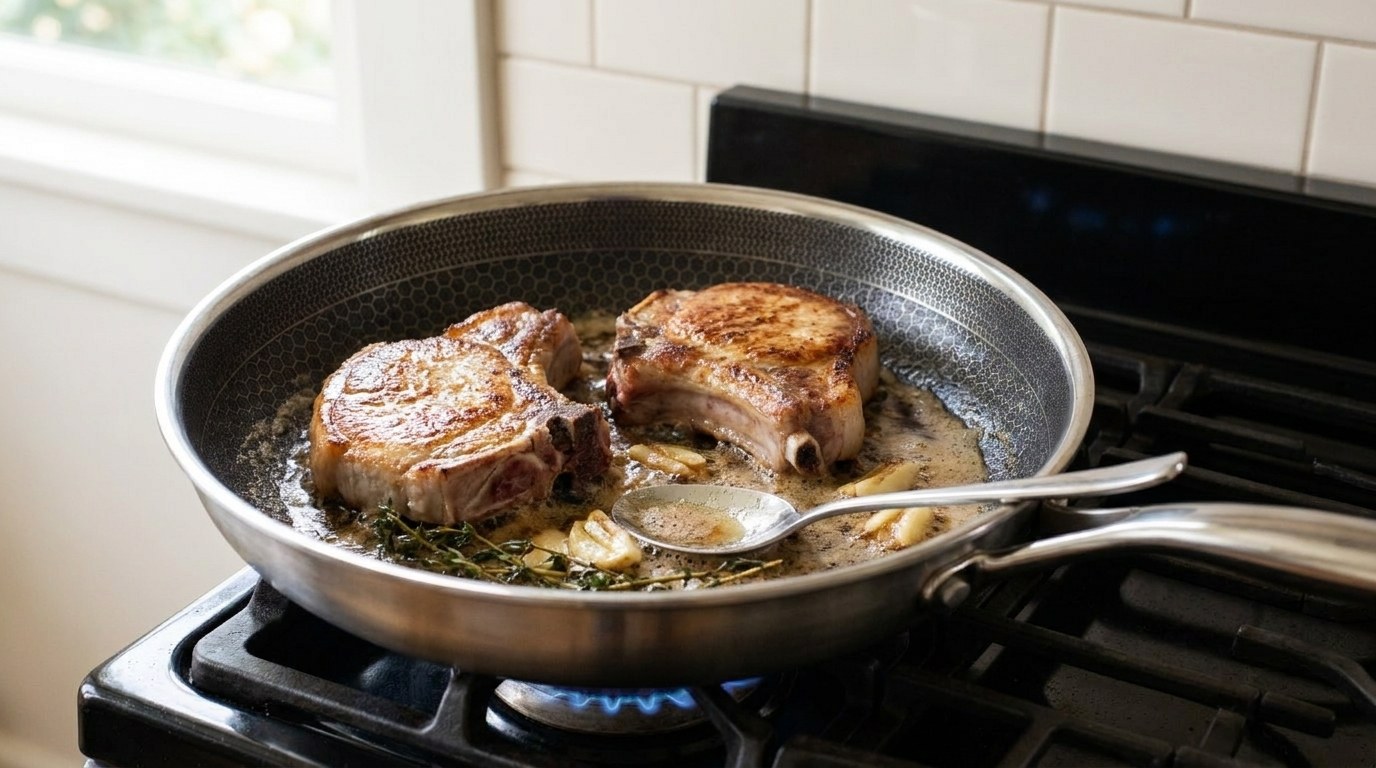 Two seared bone-in pork chops in a skillet with foaming brown butter, smashed garlic cloves and fresh thyme, a basting spoon resting in the pan