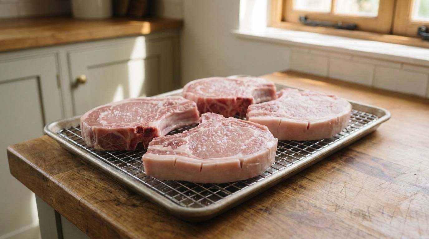 Raw bone-in pork chops seasoned with kosher salt on a wire rack, the fat edge of each chop scored an inch apart