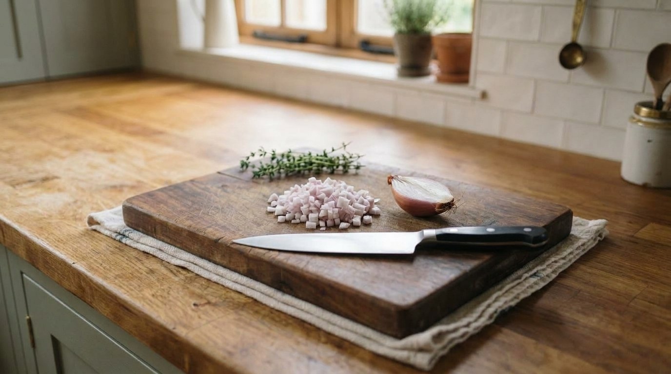Finely diced shallot, half a shallot and thyme on a wooden board set on a damp cloth with a chef's knife, the setup from Gordon Ramsay's MasterClass knife skills lesson