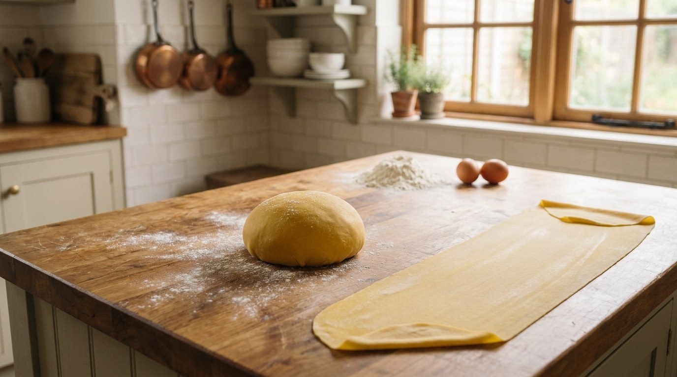 A ball of fresh egg pasta dough, a thin rolled pasta sheet, flour and eggs on a floured butcher-block counter, from the pasta lessons in Gordon Ramsay Teaches Cooking I