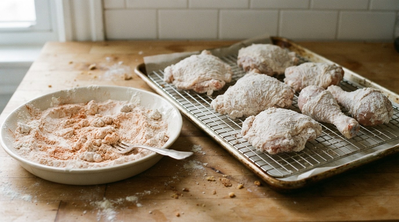 Buttermilk-soaked chicken thighs and drumsticks in a thick, shaggy coat of seasoned flour resting on a wire rack beside a dish of paprika-tinged flour