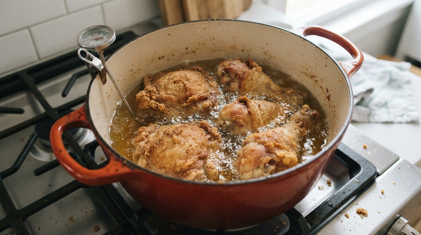 Buttermilk fried chicken thighs and drumsticks frying in a single layer in a red enameled Dutch oven with a clip-on deep-fry thermometer on the rim