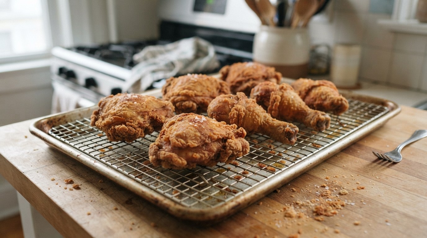 Craggy golden-brown buttermilk fried chicken thighs and drumsticks draining on a wire rack over a sheet pan, sprinkled with flaky salt