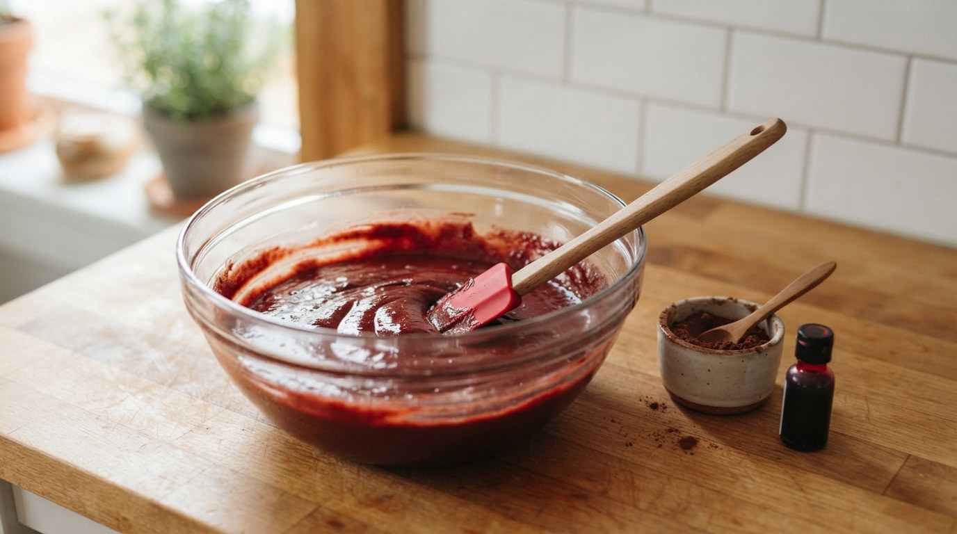 A glass bowl of glossy deep red velvet brownie batter with a spatula resting in it, a small bowl of cocoa and a bottle of red gel coloring beside it