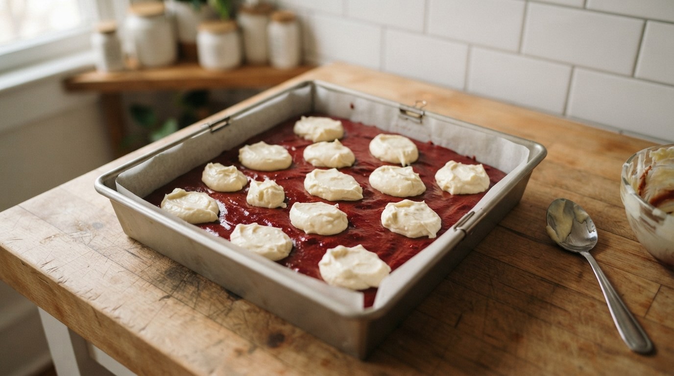 A parchment-lined square pan of red velvet brownie batter with spoonfuls of white cheesecake batter dolloped over the top in a grid before swirling