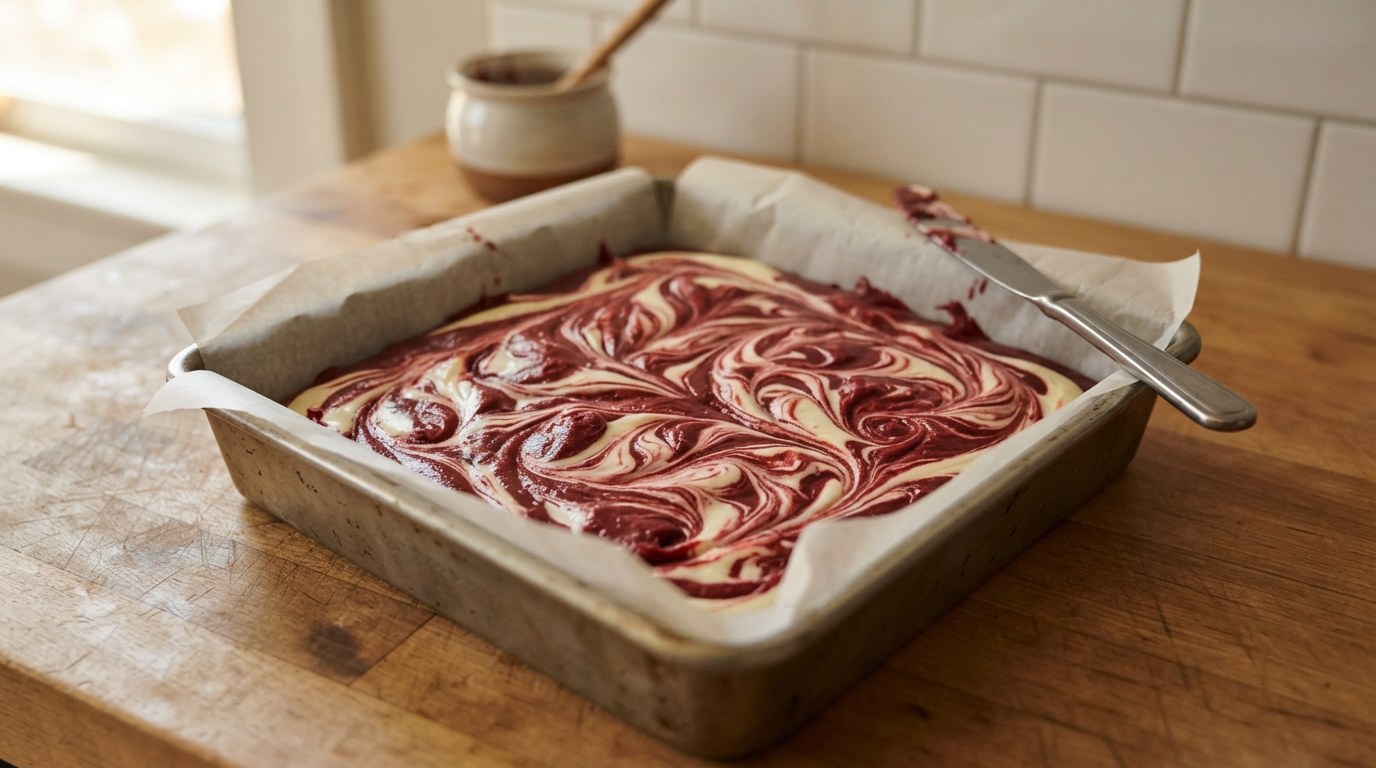 A parchment-lined square pan of red velvet and cheesecake batters swirled together into bold red and white ribbons, unbaked, with a butter knife resting on the parchment