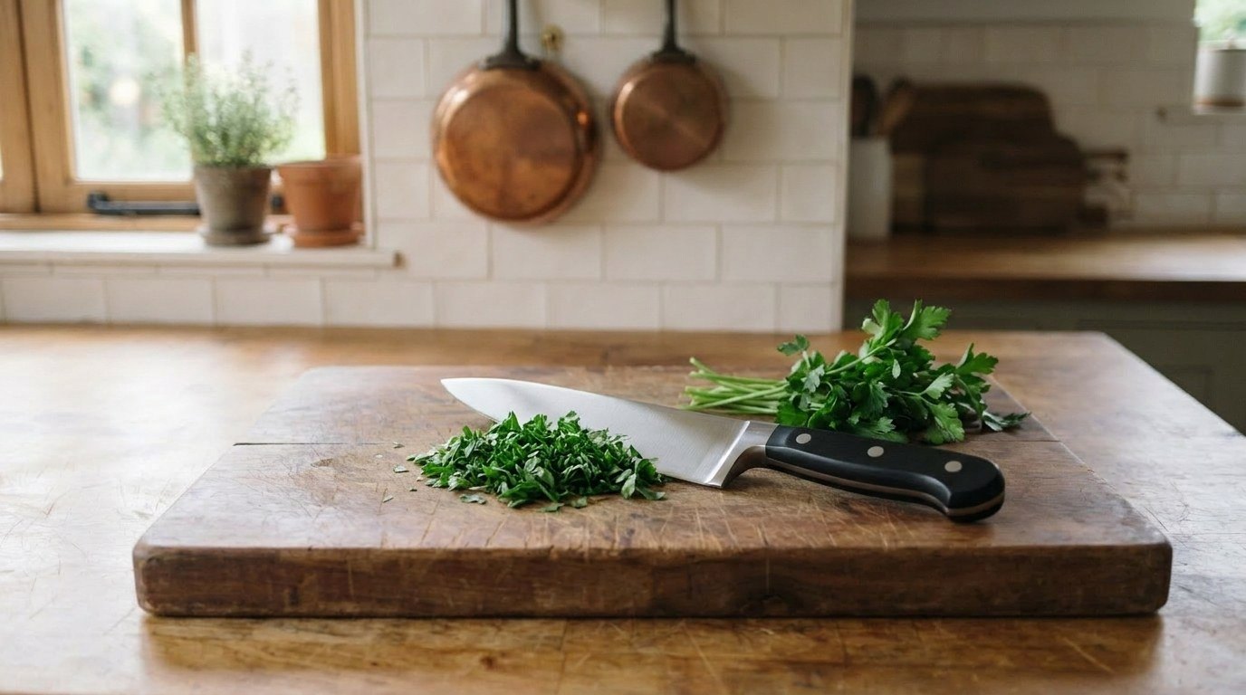 A chef's knife with a curved belly and pointed tip beside a mound of finely chopped flat-leaf parsley and a bunch of whole parsley on a wooden board