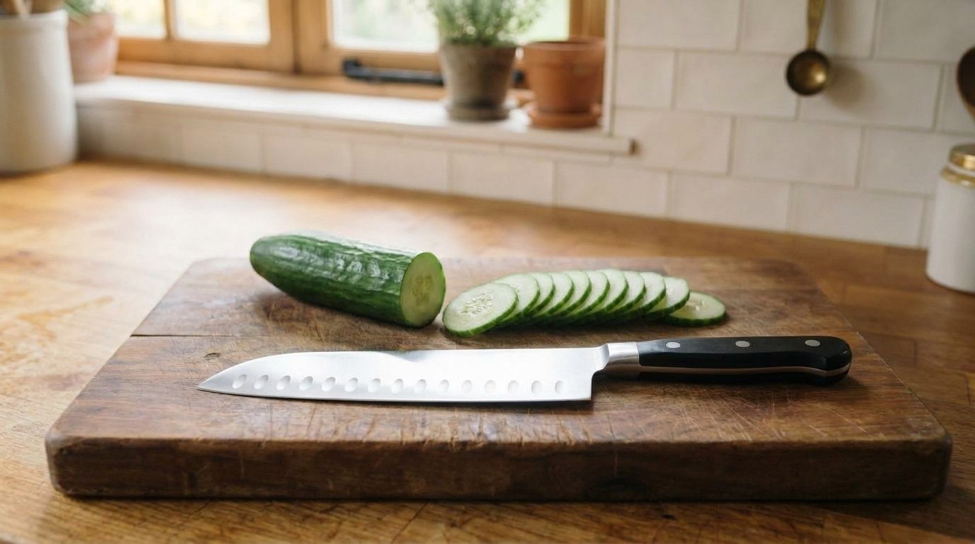 What a santoku knife is used for: a dimpled santoku knife beside a row of paper-thin cucumber slices on a wooden cutting board