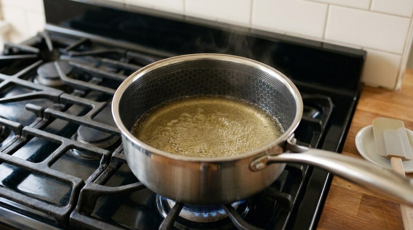 Sauvignon Blanc and honey reducing to a light golden syrup in a small saucepan over a low flame for honey vinaigrette