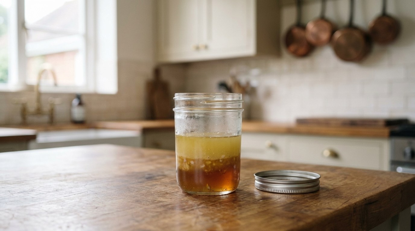 Honey vinaigrette separated in a glass jar after chilling, a cloudy layer of olive oil on top of the amber honey and vinegar layer