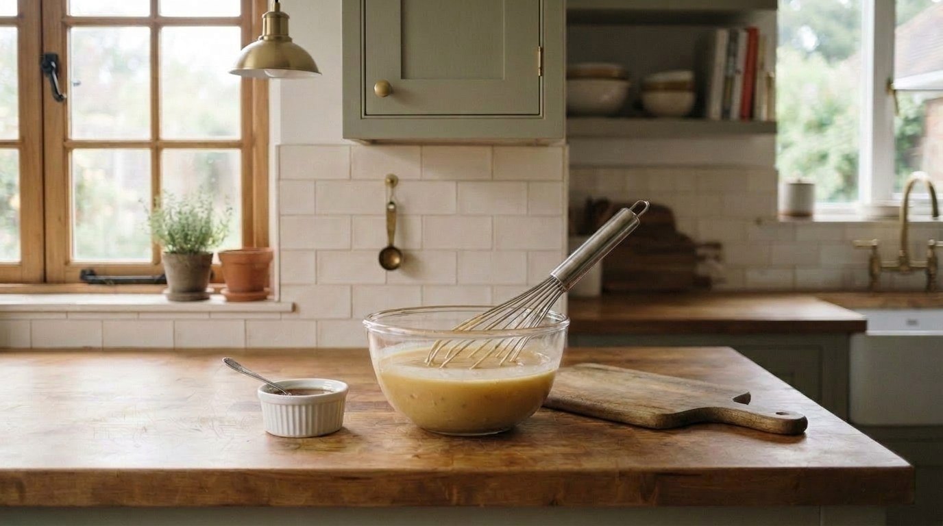 Emulsified honey vinaigrette in a glass bowl, creamy pale gold with flecks of minced shallot, a whisk resting in the bowl