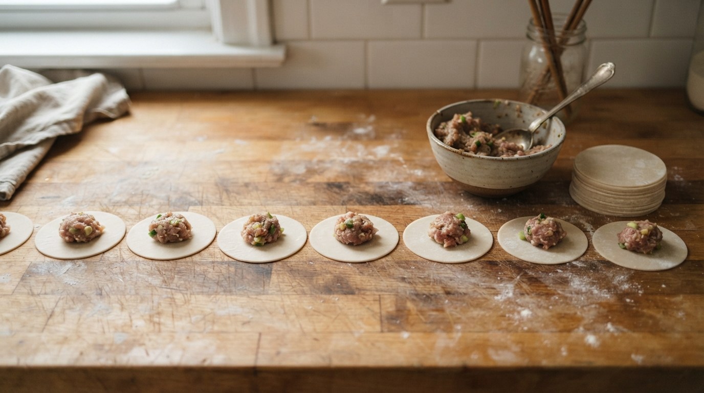 A row of round dumpling wrappers laid flat on a board, each holding a ball of raw seasoned ground pork filling flecked with scallion, with a bowl of filling and a stack of wrappers beside them