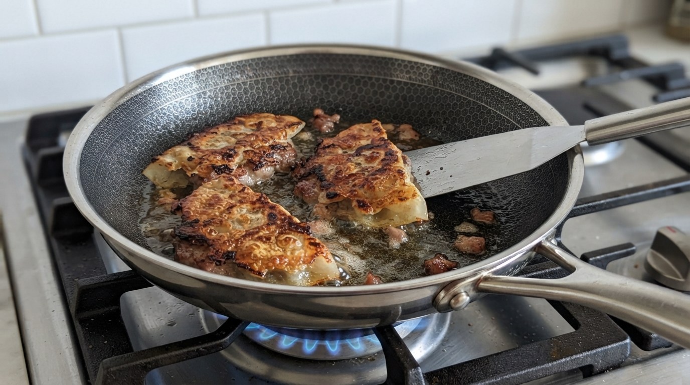 Three flat smash dumplings flipped in a skillet so their crisp blistered golden wrapper side faces up while the pork side sears underneath, a metal spatula resting in the pan