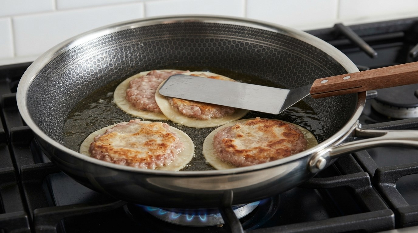 Round dumpling wrappers in a hot oiled skillet, each topped with a ball of pork filling pressed flat to the wrapper's edge, the edges starting to blister and turn golden, a metal spatula resting on one