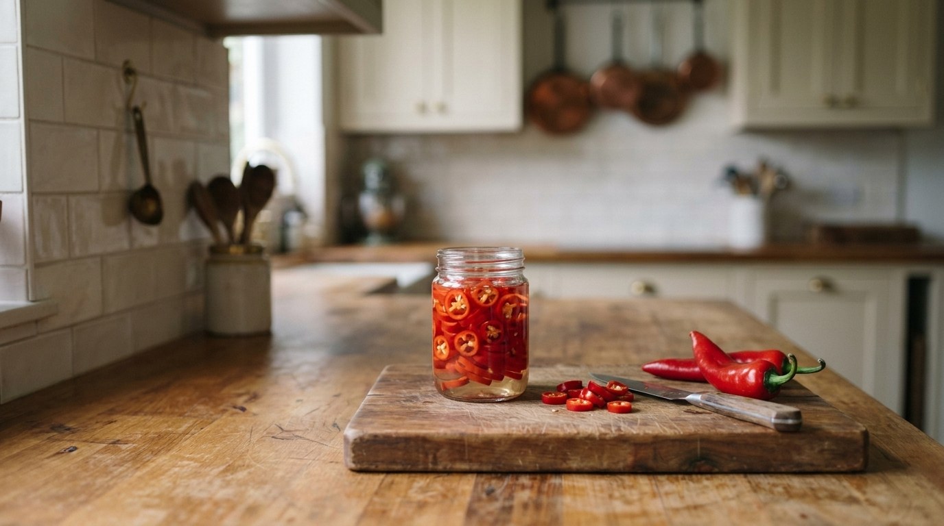 A small glass jar of quick-pickled red Fresno pepper rings on a butcher-block counter, with sliced rings and whole Fresno chiles beside it
