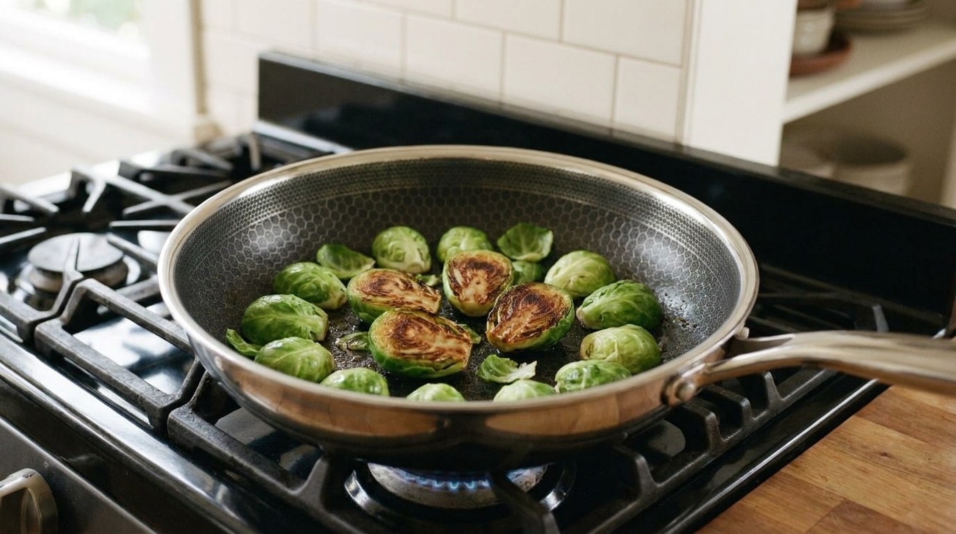 Halved Brussels sprouts searing cut-side down in a hybrid skillet on a gas range, a few turned over to show deep brown caramelized cut faces before the chili glaze