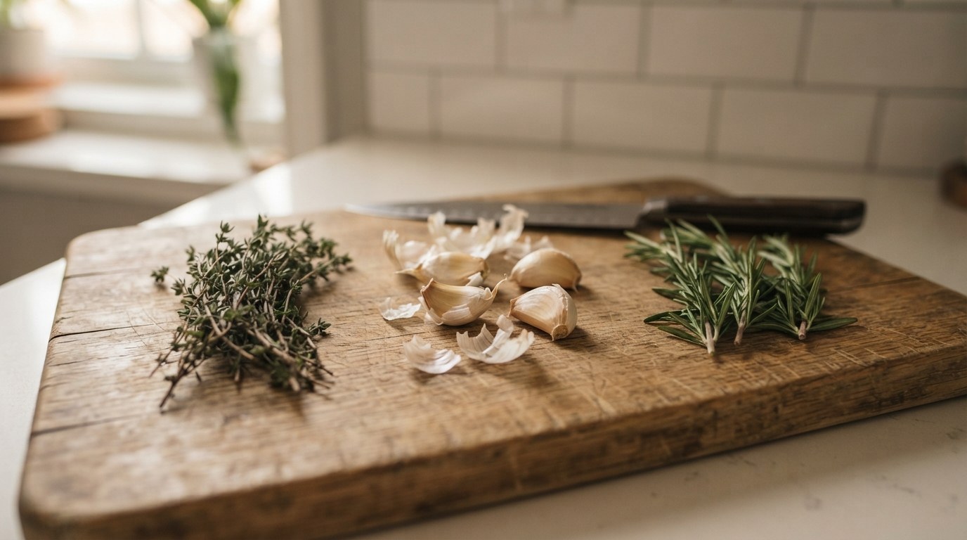 Fresh thyme sprigs, rosemary sprigs and garlic cloves on a wooden cutting board for basting steak