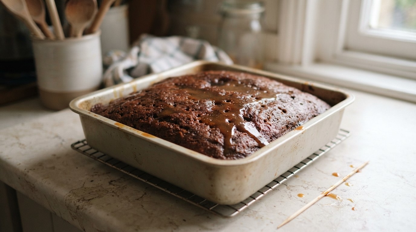 A whole baked sticky toffee pudding in an 8x8 metal pan on a cooling rack, the dark date sponge poked with skewer holes and glossy toffee sauce soaking into the top