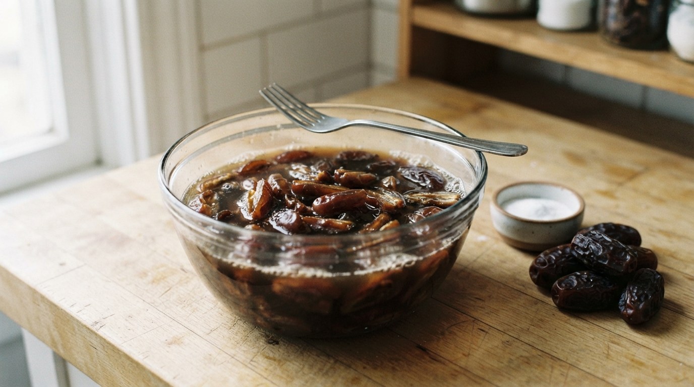 Chopped Medjool dates soaking in hot water with baking soda in a glass bowl for sticky toffee pudding, a fork across the rim and whole dates beside it