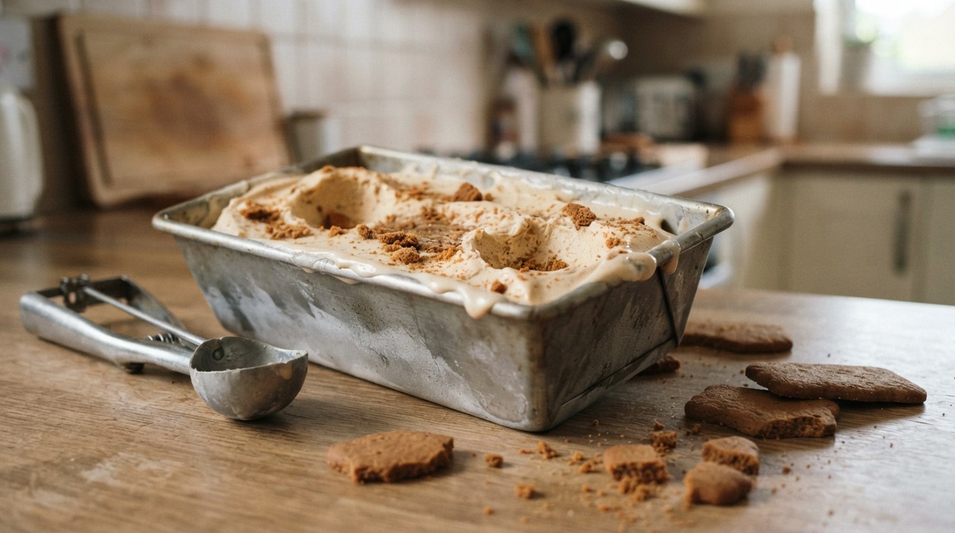 Homemade no-churn Biscoff ice cream in a metal loaf pan with scooped hollows, flecked with crushed speculoos cookie, an ice cream scoop and broken plain spiced cookies on the counter