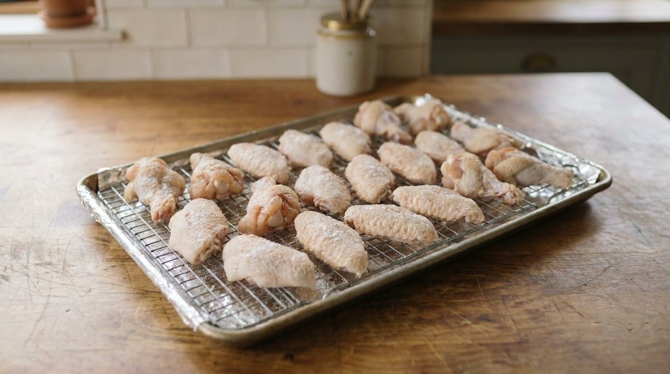 Raw split chicken wings dusted with baking powder, salt and smoked paprika, drying on a wire rack set in a foil-lined sheet pan