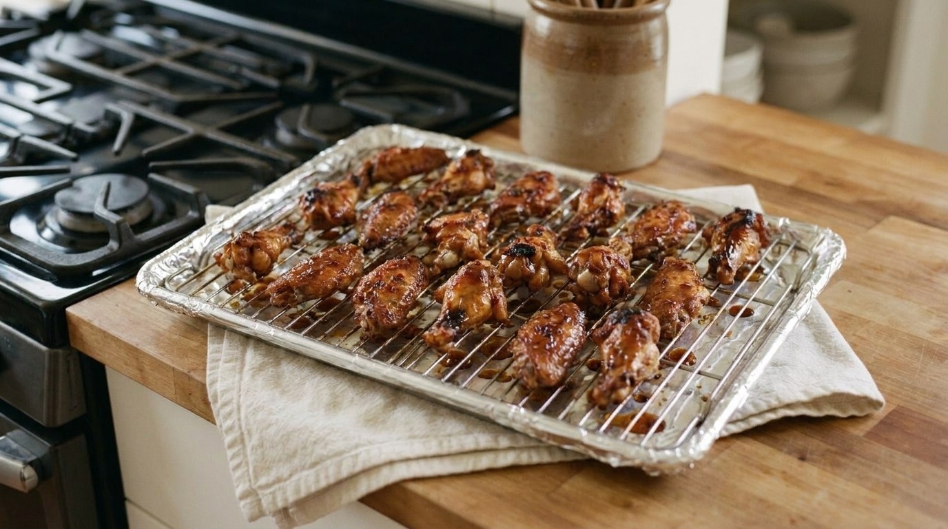 Sticky spicy tamarind-glazed chicken wings cooked through on a wire rack over a sheet pan, fresh from the oven