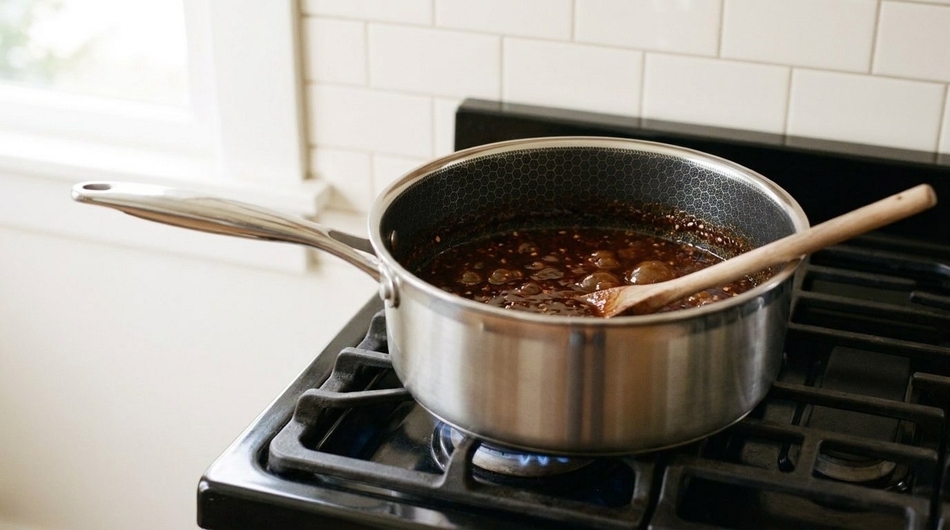 Dark reddish-brown tamarind glaze with chilli flakes and toasted cumin and fennel seeds reducing in a saucepan on a gas range
