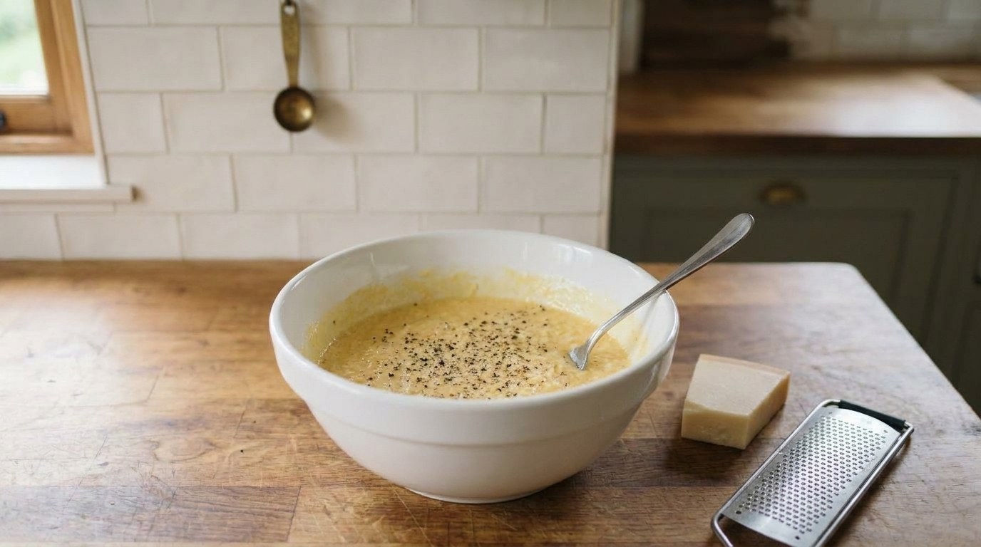 A white bowl of eggs and extra yolks whisked with finely grated vegetarian hard cheese and cracked black pepper into a smooth pale-yellow mixture, a wedge of cheese and a rasp grater beside it