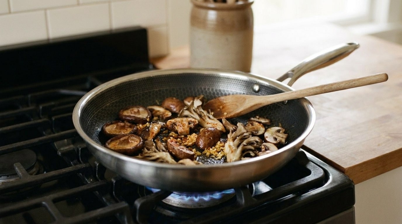 Shiitake caps, halved cremini and torn maitake mushrooms browned in olive oil in a skillet with golden minced garlic and a dusting of smoked paprika, before the pasta goes in