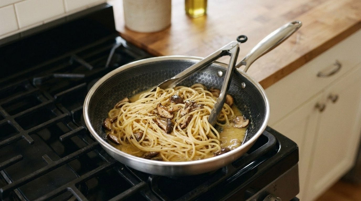 Spaghetti tossed with browned mushrooms in a glossy pale-yellow carbonara sauce in a skillet moved off the heat, tongs resting in the pan