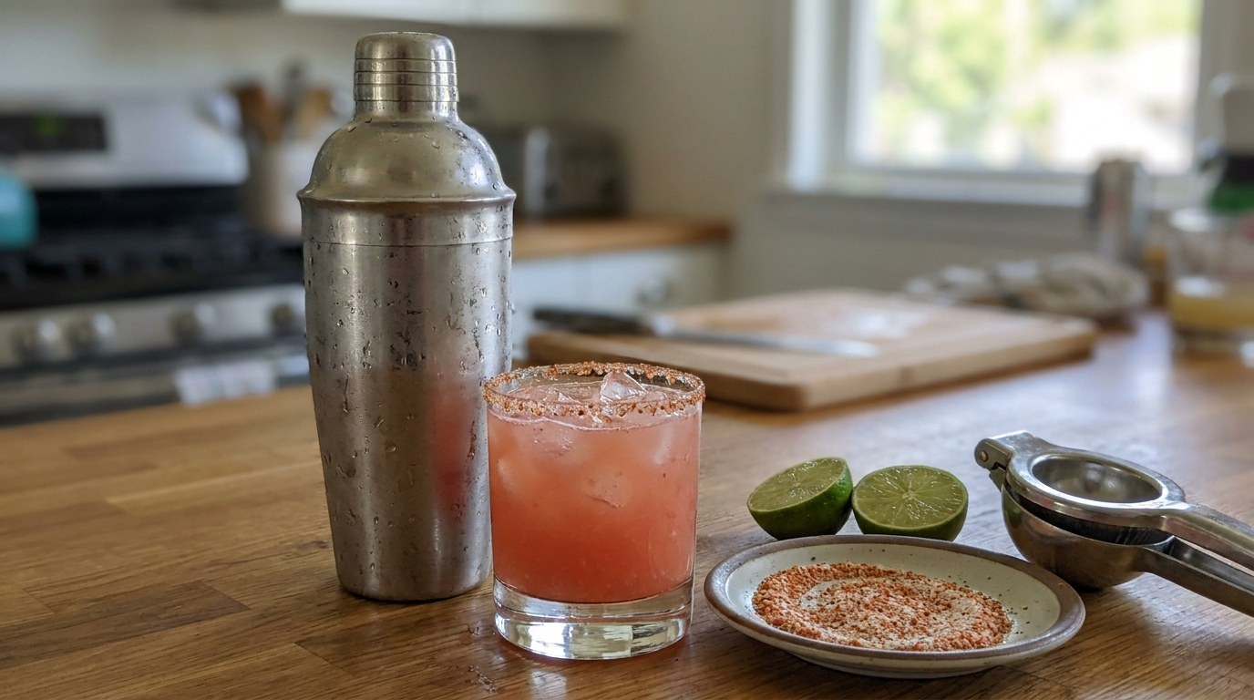 A frosted stainless cocktail shaker beside a spicy watermelon margarita on fresh ice in a chili-lime salt rimmed rocks glass, a saucer of chili-lime salt, cut limes and a citrus press