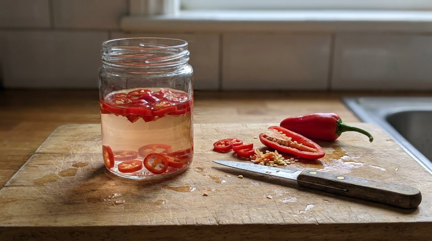 Sliced red Fresno chili rounds steeping in a small jar of triple sec for a spicy watermelon margarita, a halved Fresno with its ribs and seeds scraped out and a paring knife on the board