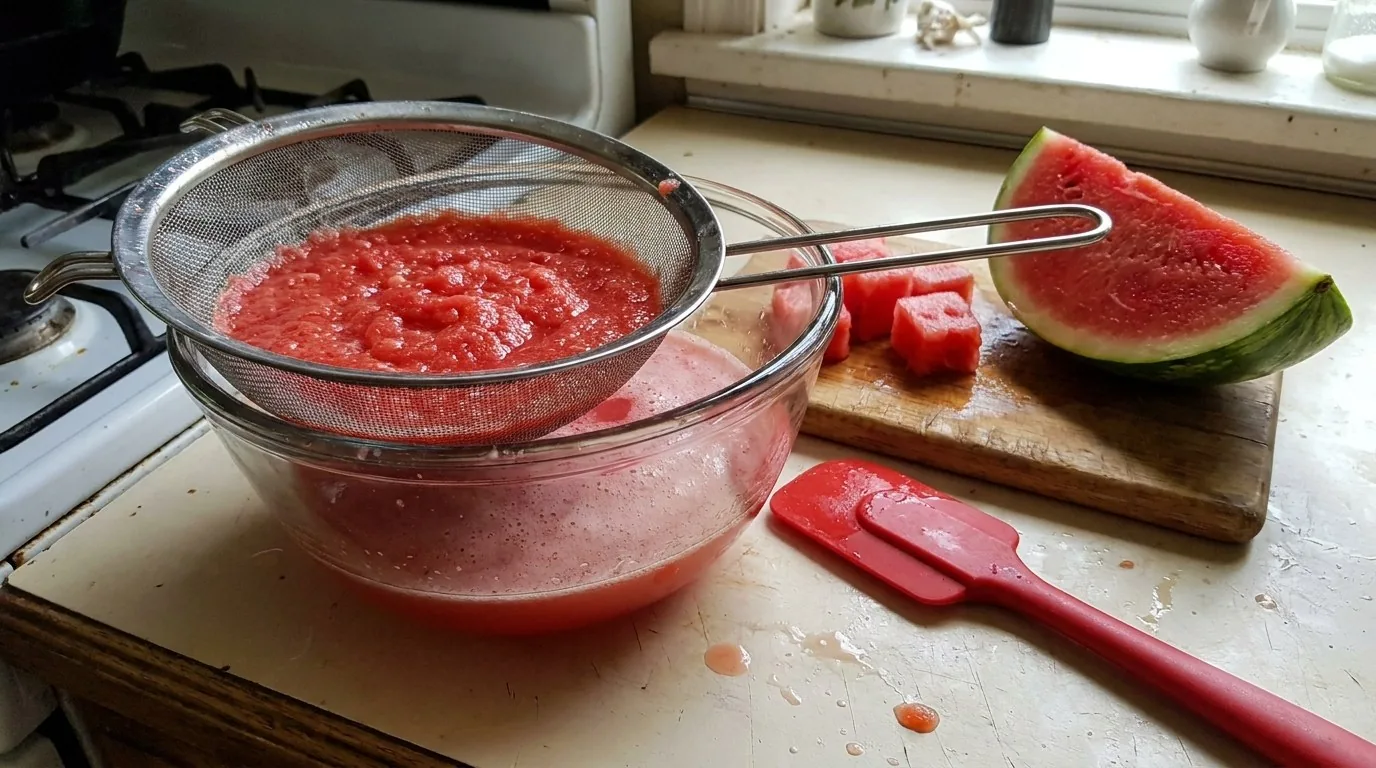 Blended watermelon pressed through a fine-mesh strainer into a glass bowl of fresh pink watermelon juice for a watermelon margarita, cubed watermelon and a wedge on a board