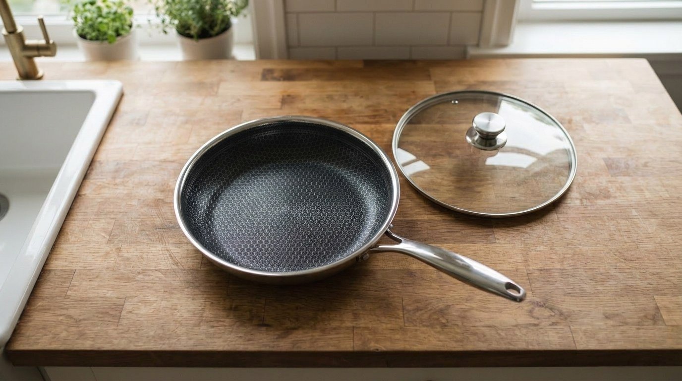 Where to buy HexClad cookware: a new 12-inch hybrid frying pan with a hexagon-etched interior and a clear glass lid lying flat on a butcher-block counter, seen from above