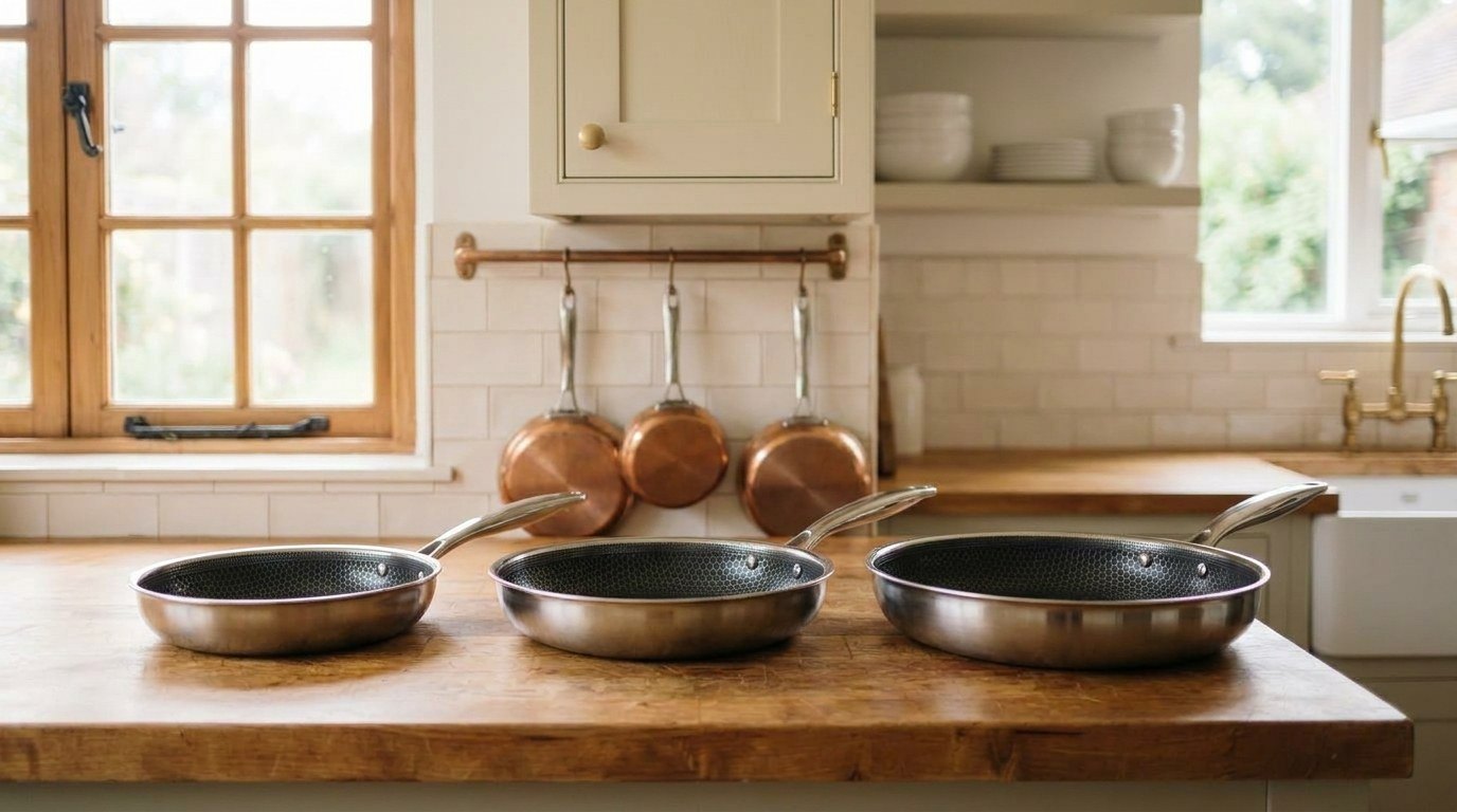 Three HexClad-style hybrid frying pans in 8, 10 and 12-inch sizes with hexagon-etched interiors and polished steel outsides, side by side on a butcher-block counter