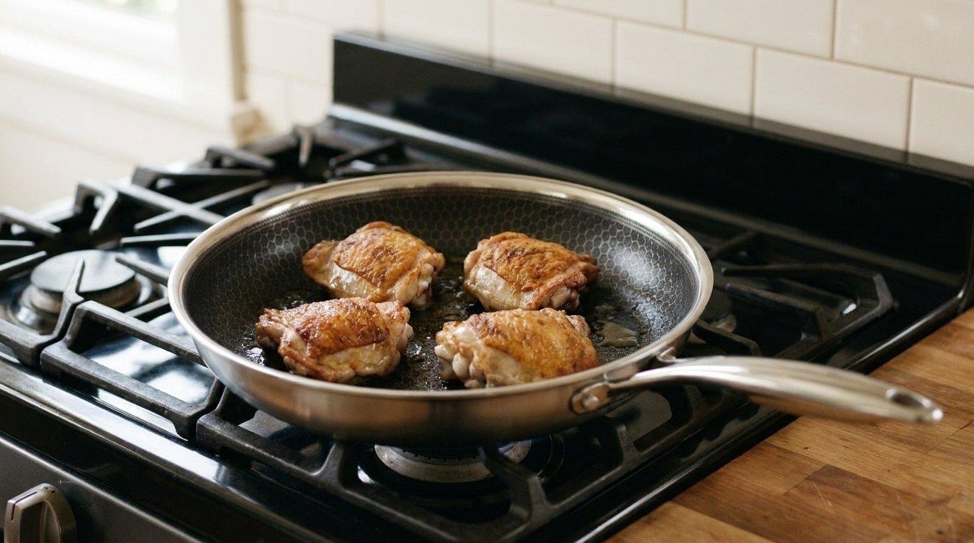 A 12-inch hybrid HexClad-style frying pan with a hexagon-etched interior on a gas burner, four chicken thighs searing skin side up with golden-brown crisp skin