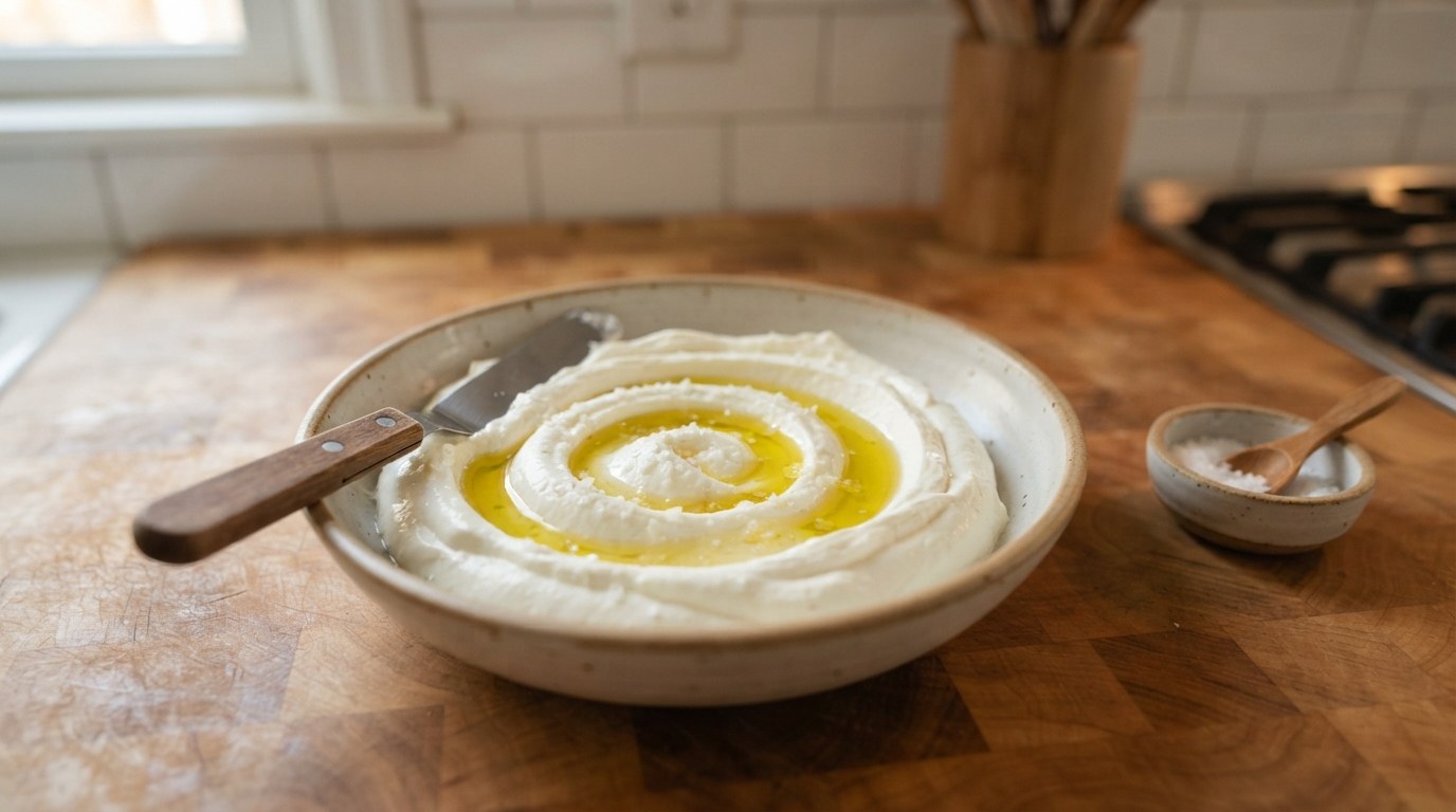 Smooth white whipped mozzarella spread in a deep swirl in a shallow bowl with an offset spatula resting in it, olive oil pooling in the swirl and a dish of flaky salt beside it