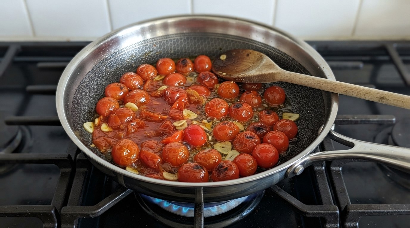 Cherry tomatoes cooking in olive oil with sliced garlic in a skillet, about half burst into a glossy red sauce and the rest blistered and whole, a wooden spoon resting in the pan