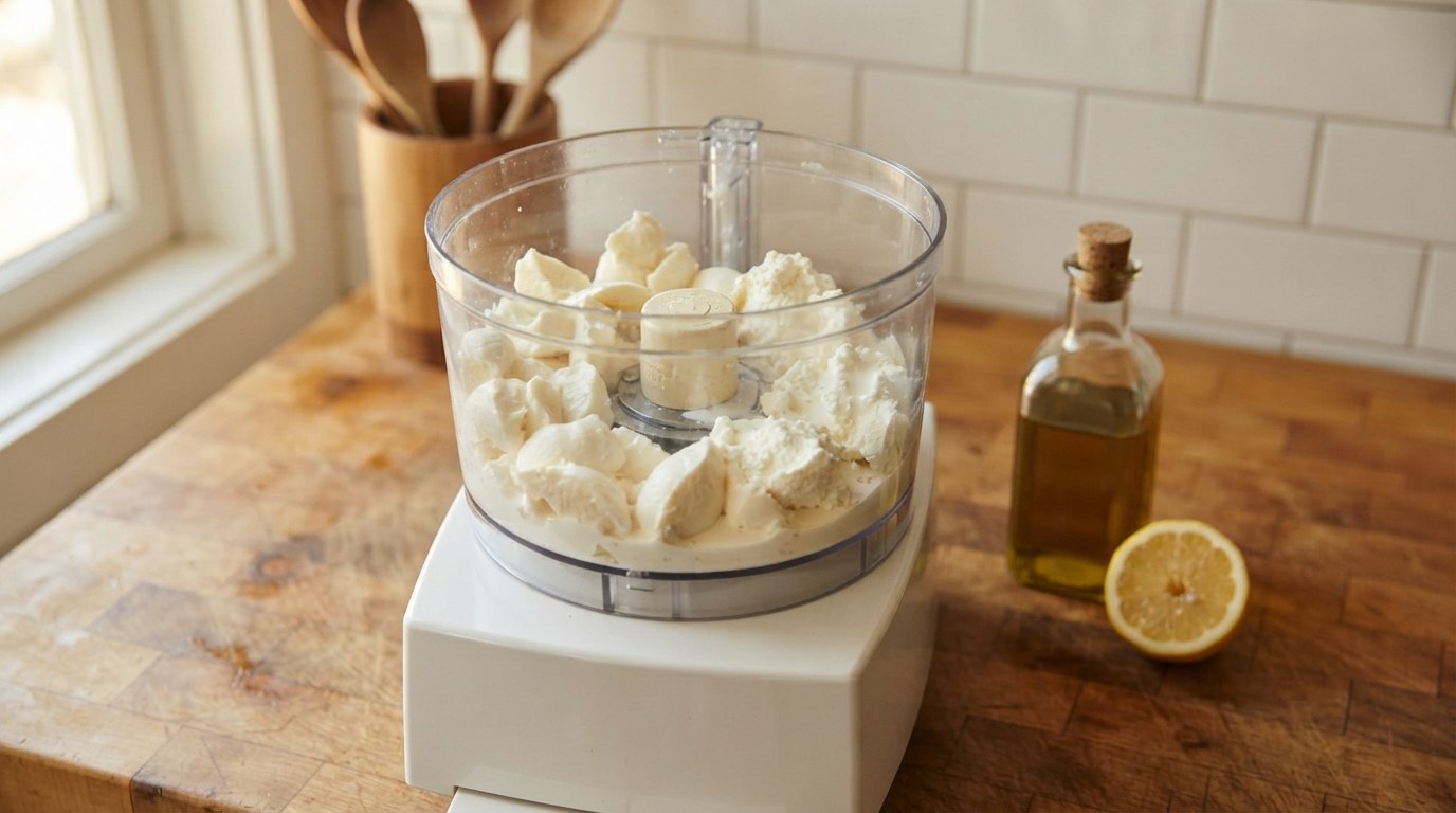 Torn chunks of fresh mozzarella and dollops of ricotta with cream poured over in a food processor bowl before blending, with olive oil and a halved lemon beside it
