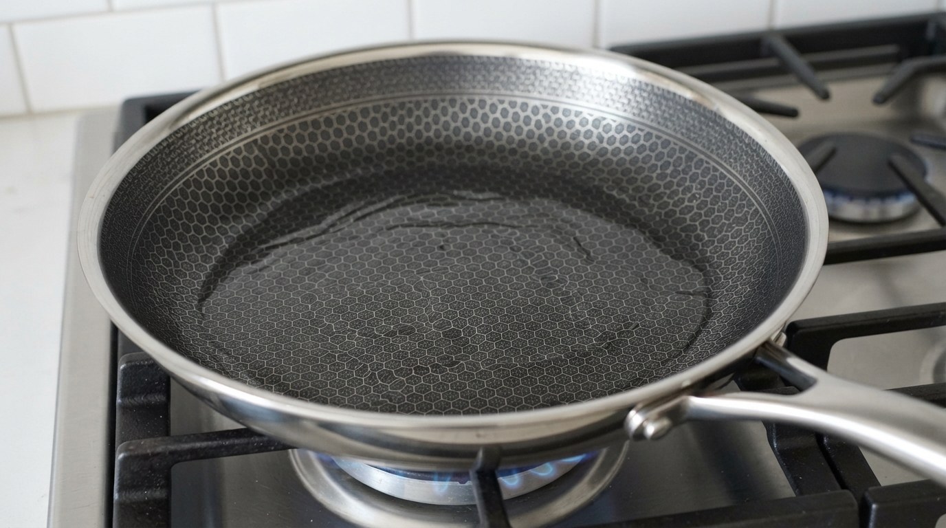 A thin film of oil shimmering across the empty hexagon surface of a hybrid frying pan over a low gas flame