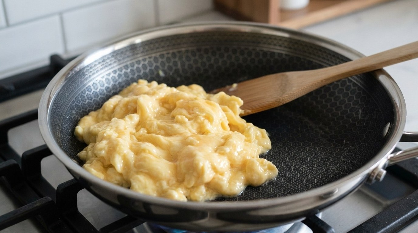 Soft scrambled eggs pushed to one side of a hybrid hexagon pan with the cooking surface behind them clean and free of stuck egg